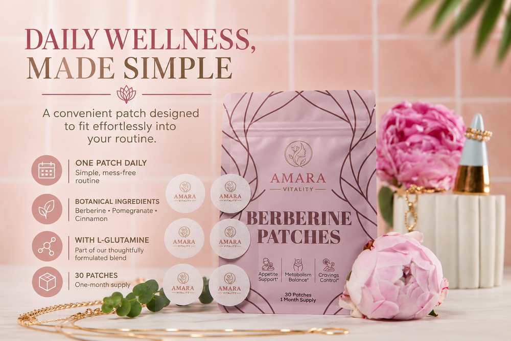 Amara Vitality Berberine Patches flat lay with patch sheet and botanical props