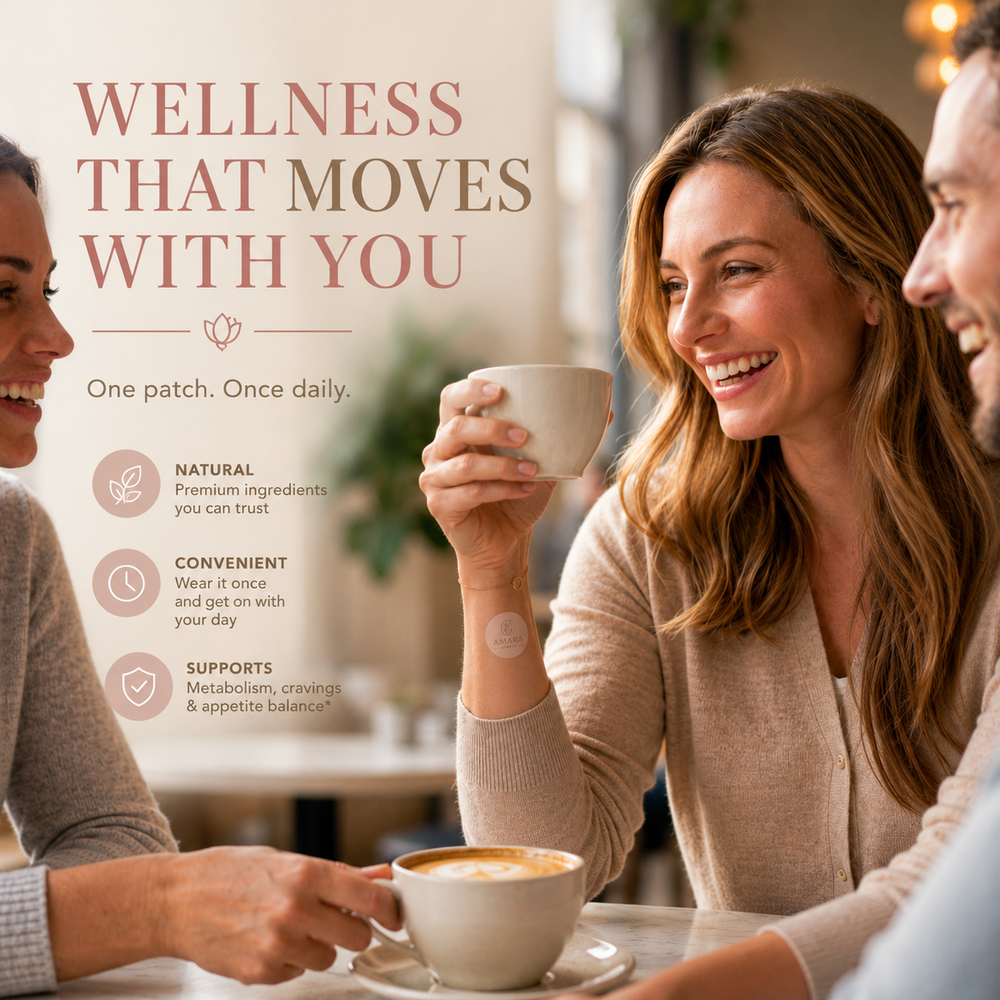 Woman wearing Amara Vitality wellness patch on wrist at a cafe